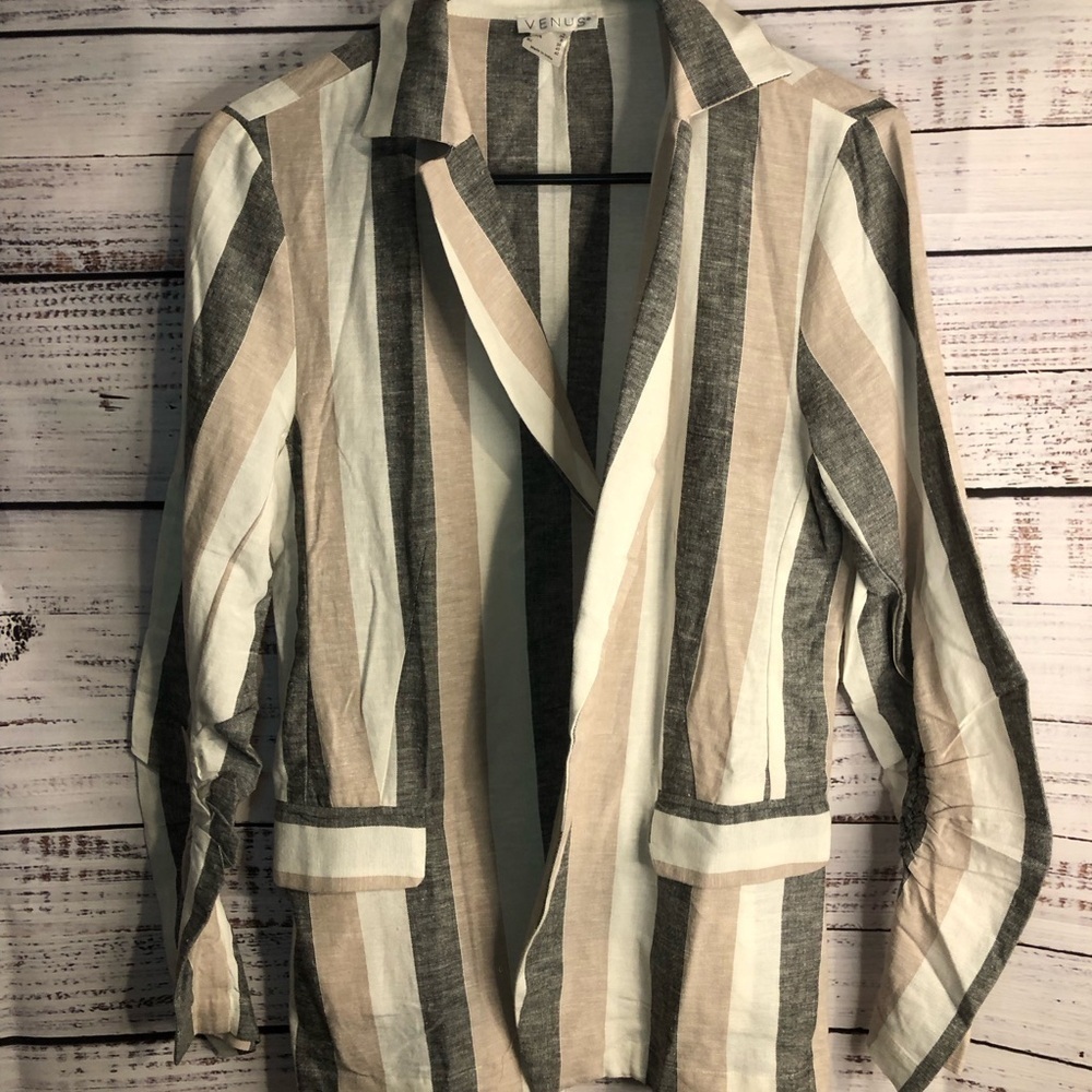 Venus Striped Blazer - Gray, Cream, Tan - Picture 2 of 15